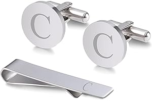 WIGERLON Initial Cufflinks and Tie Clip Set for Men,Stainless steel Letter Cuff Links and Tie Bar Set gift for Father Husband Son Boyfriend