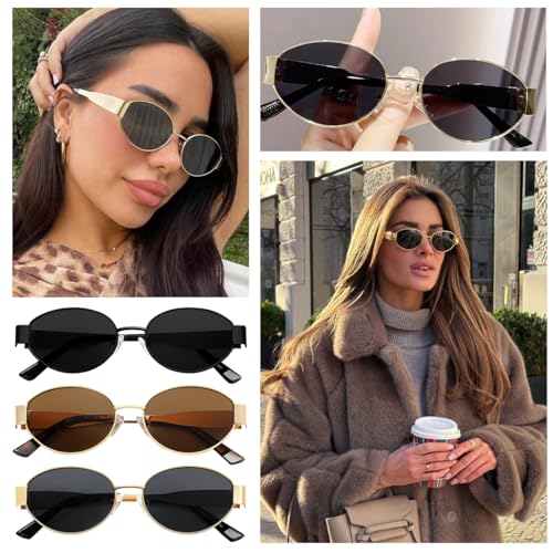 3 Piezas Lentes de Sol Ovalados para Mujer Dama y Hombre,Gafas de Sol Mujer Retro Moda,con Estuche y Paño Gafas,Protección UV400,para Conducir,Viajar, Hacer Deporte