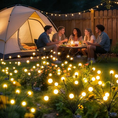 Solar Lights for Outdoor Garden, 4 Pieces Solar Fireflies 10 LEDs, Solar Lights for Outdoor Use with IP65 Waterproof Warm White 8 Light Modes Height Adjustable Swinging Solar Lights for Garden Walkway