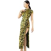 ROYAL SMEELA Floral Cheongsam Dress Mandarin Collar Dresses Slit Chinese Traditional Clothes Midi Qipao for Women