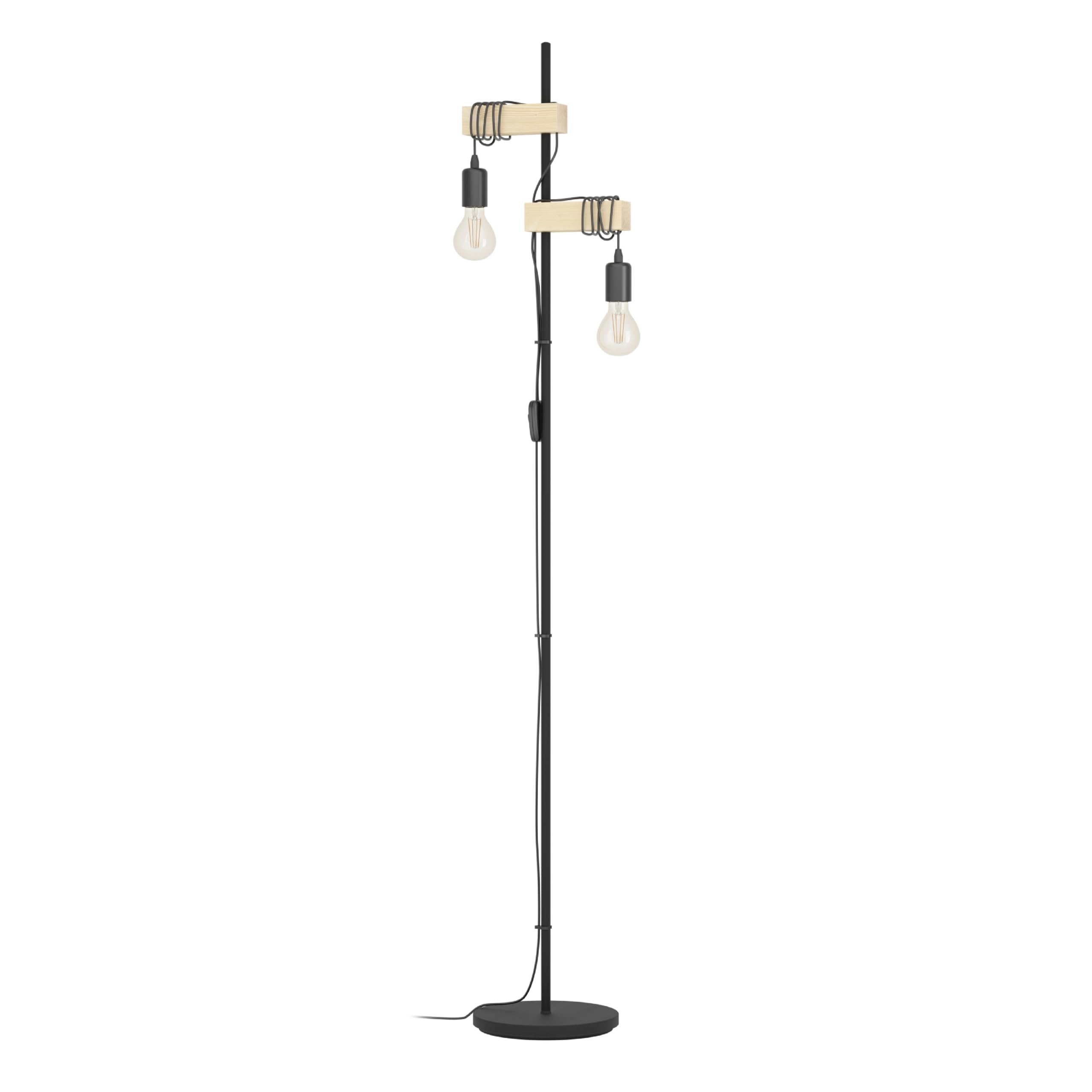 Eglo Floor lamp Townshend, 2 Light Vintage floorlamp, Standing lamp with Wooden Beam, Retro Living Room Lighting Made of Black Metal and Wood in Natural Colour, FSC Certified, E27 Socket