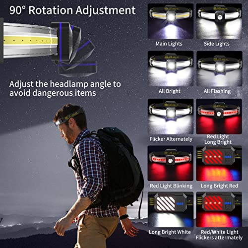 LED Headlamp Flashlight, USB Rechargeable Headlamp with COB Flashlight and Tail Red Light, Wide Beam Waterproof Headlamp, 7 Modes Adjustable Head Lamp for Running Hunting Fishing Camping