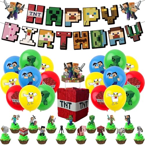 38 Pcs Birthday Party Decorations, Pixel Styled Gamer Party Supplies Include Happy Birthday Banner, Balloons, Cake Toppers, Cartoon Party Celebrate Supplies by YUWUAR - Used condition - US$8.67