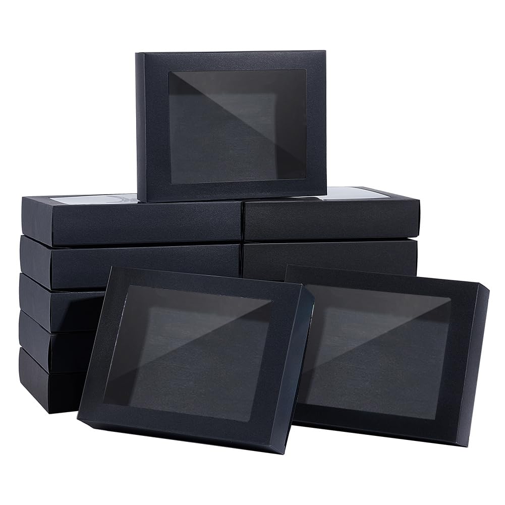 NBEADS 24 Pcs Black Gift Box, Fold Paper Boxes Cookie Boxes Bakery Boxes Kraft Treat Boxes with Window for Party Favor Treats Bakery and Jewelry Packaging, 17.5x13.5x3.5cm Finished