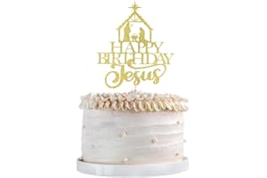 Qertesl Happy Birthday Jesus Cake Topper ，Red Glittery Jesus Birthday Cake Decorations,Christian Christmas Cake Decoration，Jesus is Nativity Scene Christmas Birthday Party Decoration (gold)