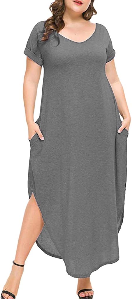 Aniywn Women Long Dress Short Sleeve Side Split Maxi Dresses Summer Casual Plus Size Pocket Dress