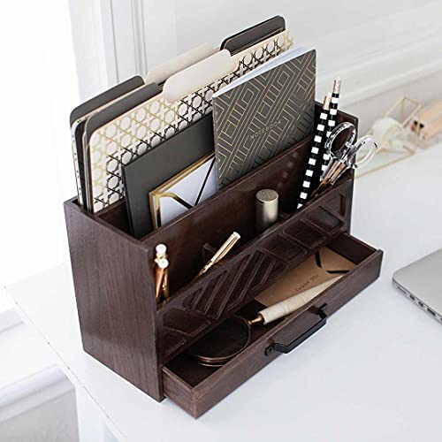 Blu Monaco Brown Wood Desk Organizer with Drawer Bill Mail Storage