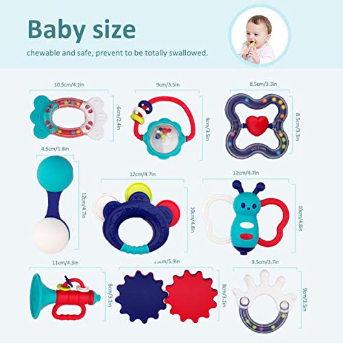 WISHTIME Rattle Teether Baby Toys - Baby 10pcs Shake and GRAP Baby Hand Development Rattle Toys for Newborn Infant with Giant Bottle Gift for 3 6 9 12 18Month