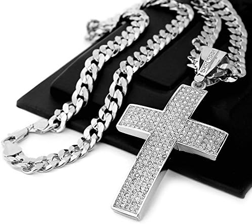 Raonhazae Hip Hop Iced Out JESUS CROSS Pendant W/10mm 24"/30"/36" Diamond Cut Cuban Chain 14K Plated