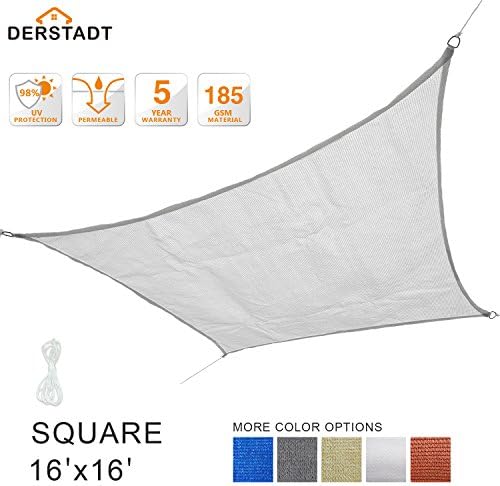 Derstadt 16' x 16' Square 98%+ UV Block Sun Shade Sail Top Quality Outdoor Patio Canopy Backyard Shelter (5 Years Warranty, 185GSM HDPE, 32.8’PE Rope) (White)