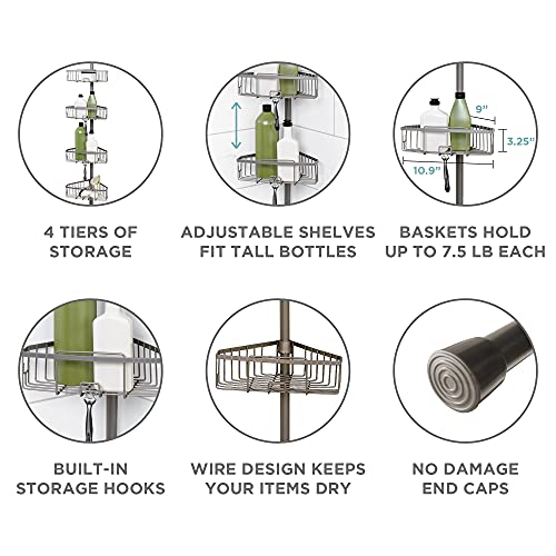 Zenna Home Tension Pole Shower Caddy, 4 Basket Shelves, Adjustable, 60