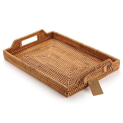 DECRAFTS HandWoven Rattan Rectangular Serving Tray with Handles for