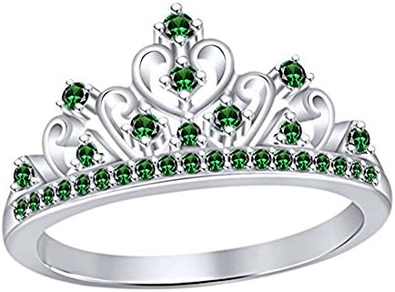 DreamJewels 14K White Gold Over Alloy Created Green Emerald Gemstone Anniversary Jasmine Princess Crown Ring Engagement Wedding Band