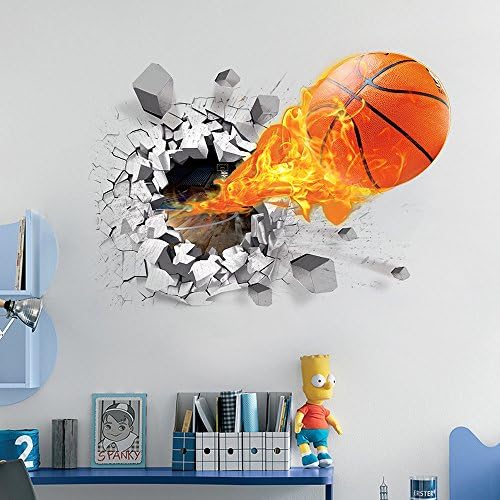 BoBin 3D Basketball and Fire PVC Wall Stickers Break Through the Wall Waterproof Removable Room Decals Murals Wall Poster (19.7'' X 27.5'', 02)