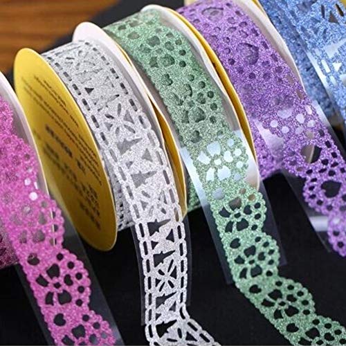 Washi Tape,Lace Pattern Glitter Bling Self-Adhesive Tape,Diamond Washi Tape Masking DIY Scrapbooking Lace Tape Sticker 6 Roll Color Random