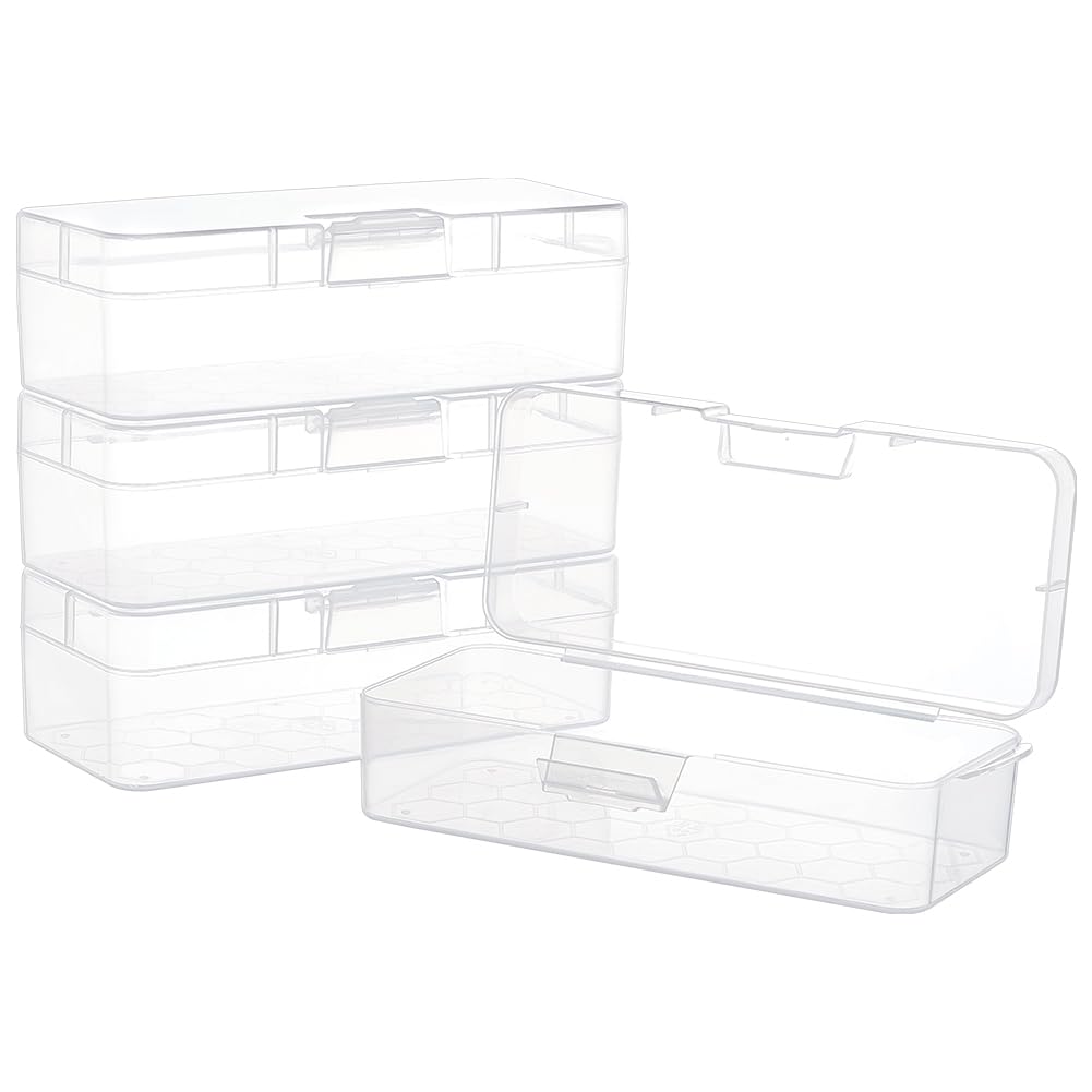 BENECREAT 4 Packs Rectangle Plastic Container Box, 16.3x6.6x4.6cm Clear Storage Organizer with Hinged Lid and Hanging Hole for Small Craft Accessories Office Supplies