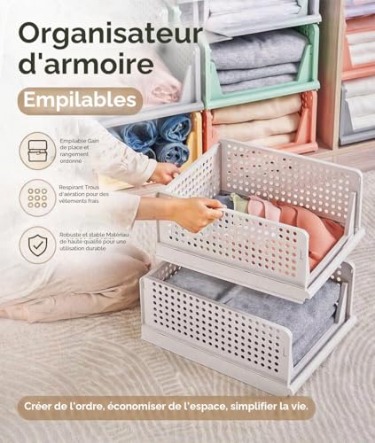 RMAN 8 x Foldable Stackable Plastic Storage Box for Clothes, Trousers, Bedrooms, Dressing – White