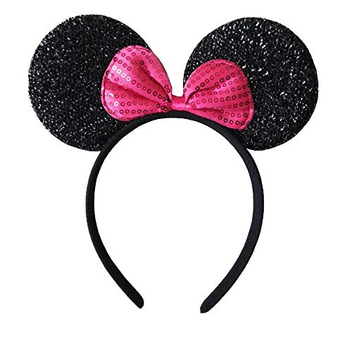 CHuangQi Mouse Ears Solid Black and RoseRed Bow Headband for Boys and Girls Birthday Party or Celebrations (Pack of 12)