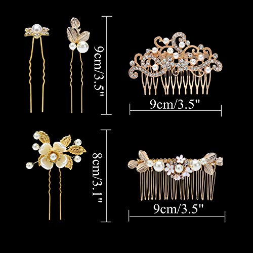 inSowni 16 Pack Wedding Headpieces Hair Side Combs+U Shaped Hair Pins Clips Pieces Barrettes Accessories Rhinestone Pearl Flower Gold for Women Girls Brides Bridsmaids