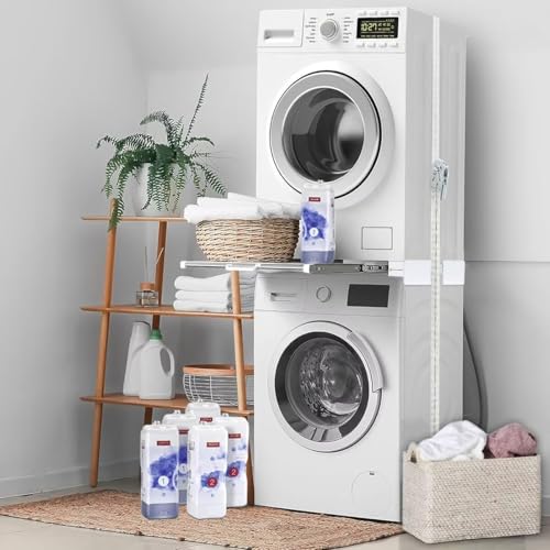 NIUXX Universal Stacking Kit for Washer and Dryer - Adjustable Stacker Frame for 53-68 cm Tumble Washing Machine - Stackable Sliding Shelf with Ratchet Ropes & Anti Vibration Feet