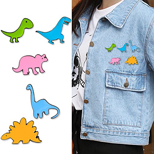 FLYPARTY 5 Pcs Cute Enamel Lapel Pins Set Cartoon Animal Plant Fruits Foods Brooches Pin Badges for Clothing Bags Backpacks Jackets Hat Accessory Decoration (Dinosaurs Set of 5)