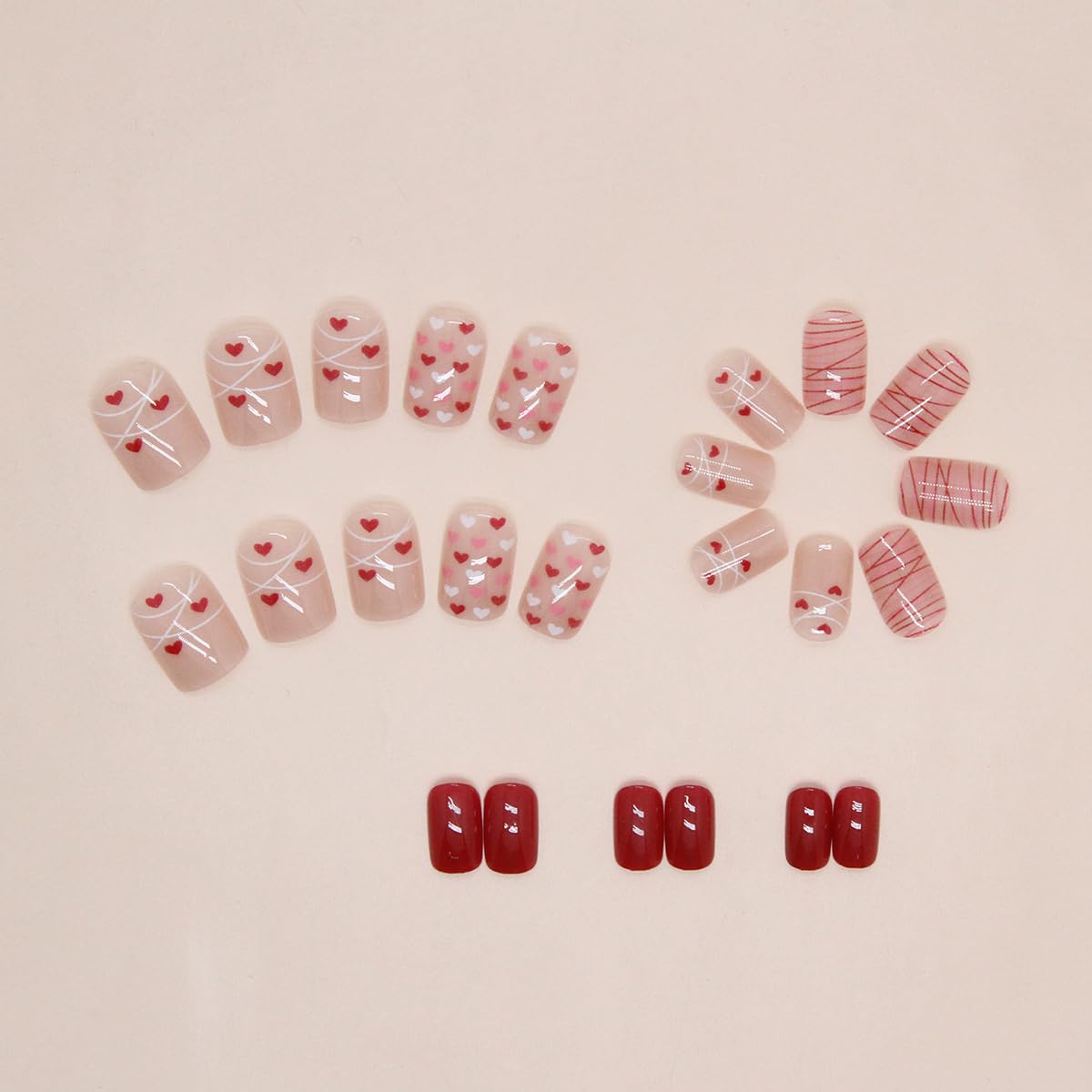 24 Pcs Heart Press on Nails Short Square Fake Nails Red Love Heart Design Full Cover Nude Acrylic False Nails Valentine's Day Cute Stick on Nails Glossy Glue on Nails for Women and Girls Holiday Nails - Image 6