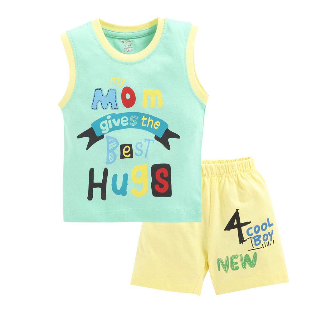 Buy Hopscotch Baby Boys Cotton Pale Text Print Sleeveless Vest and Shorts Set in Olive Color for