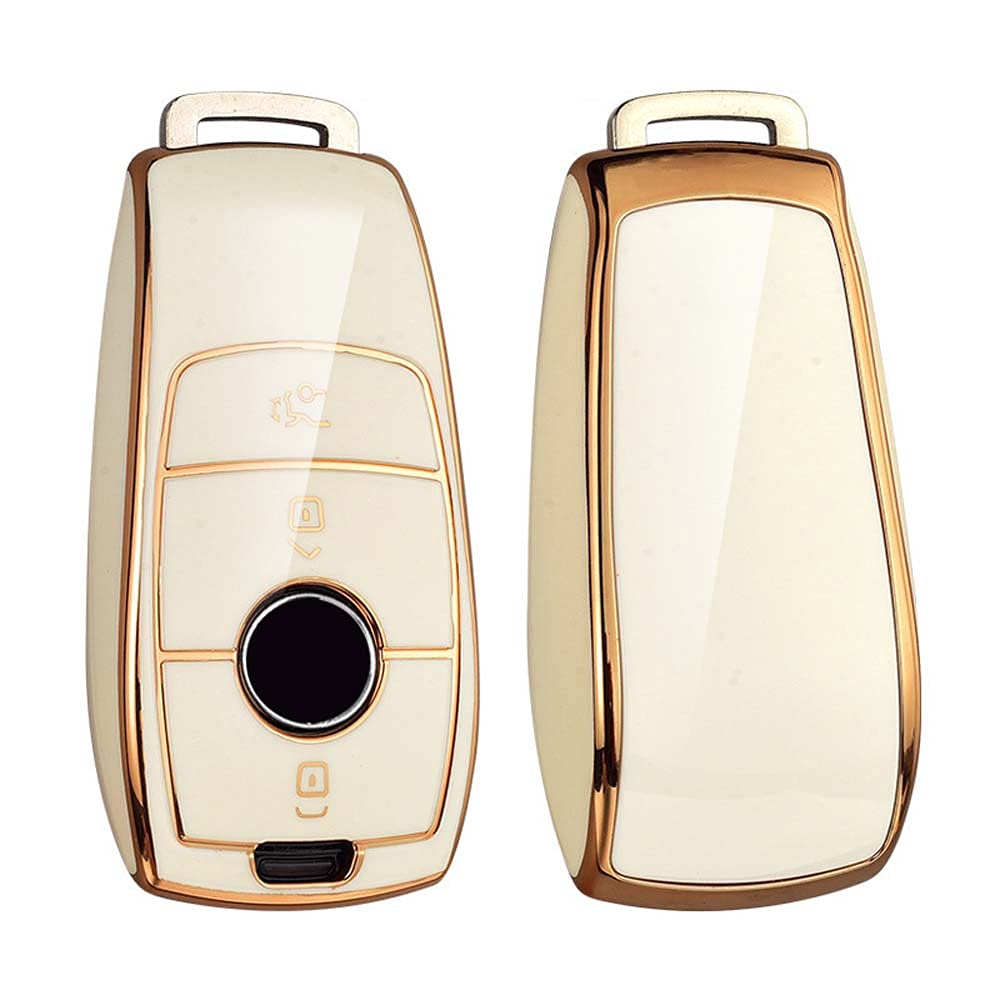 HIBEYO Smart Car Key Case - TPU Protective Cover for Mercedes Class E S A CLA GLA GLE GLC GLK AMG Key Box Remote (White Gold)