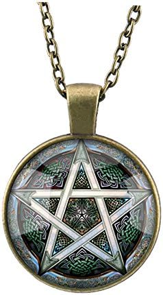 Vintage Long Bronze Chain Green Pentagram Pattern Glass Cabochon Dome Gem Pendant Statement Necklace