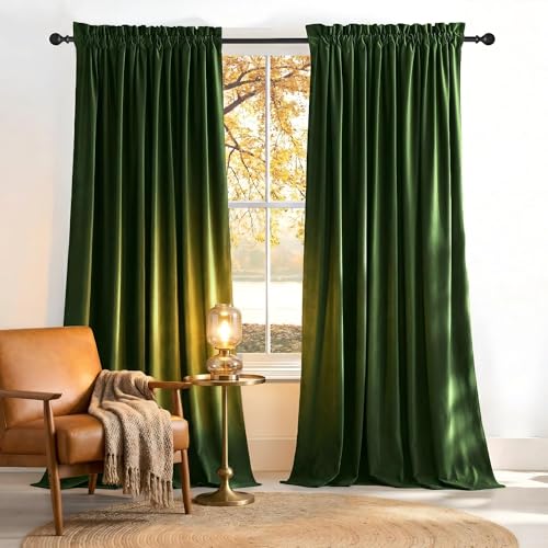 NICETOWN Olive Green Velvet Blackout Curtains 96 inch Long for Spring, Thermal Insulated Energy Saving Super Soft Calming Luxury Window Treatments for Bedroom and Living Room Decor, 52 Wide 2 Panels Image