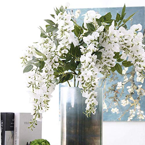 Gotian 39Inch Artificial Silk Wisteria Fake Garden Hanging Flower Plant Vine Wedding Decor Ideal for Festivals Parties Home Gardens Fencing Floral Tributes Sheds Decorations (White)