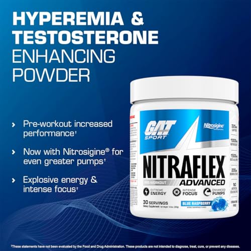 GAT SPORT Nitraflex Advanced Pre-Workout Powder, Increases Blood Flow, Boosts Strength and Energy, Improves Exercise Performance, (Blue Raspberry, 30 Servings)