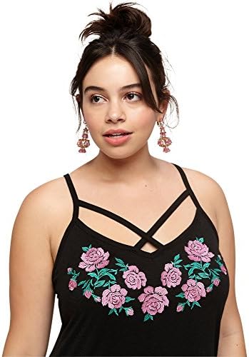 LORALETTE Women's Embroidered Rose Tank, 1X Black