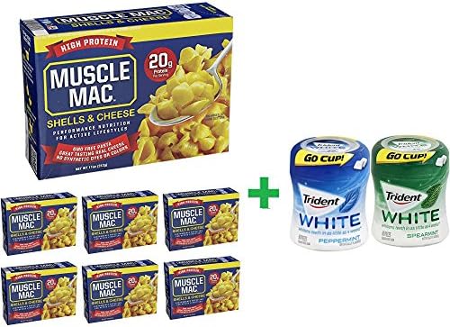 Muscle Mac High Protein Shells And Cheese 11 oz (7 PACK) + Trident Go Cup Spearmint 1/60 Count + Trident Go Cup Peppermint 1/60 Count(BUNDLE)
