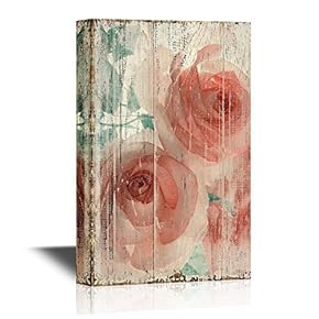 Roses Canvas Wall Art - Pink Roses on Vintage Wood Background - Gallery Wrap Modern Home Art | Ready to Hang - 12x18 inches