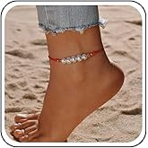 Erimberate Bohemian Pearl Anklet Bracelet Red Woven Rope Pearl Ankle Bracelet Baroque Pearl Bead Chain Anklet Adjustable Wax Anklets Summer Beach Foot Chain Jewelry for Women Gifts