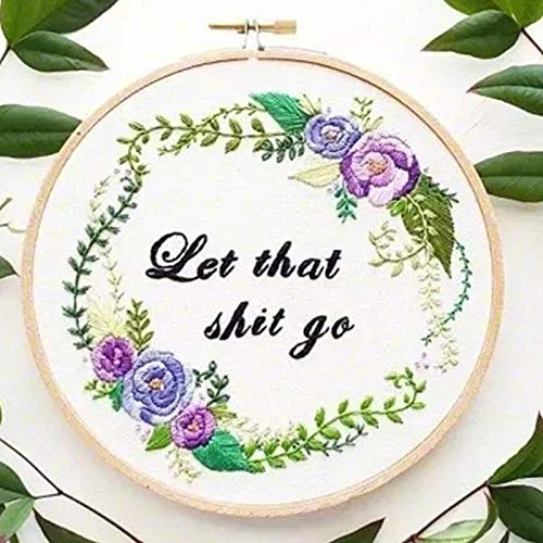 Khalee Full Set of Hand-Made Embroidery Starter Kit, Cross Stitch Kits for Beginners Including Patterned Embroidery Cloth, Plastic Hoop,Color Floss,Tools Kit(Let That Go, 8 Inches in Diameter)