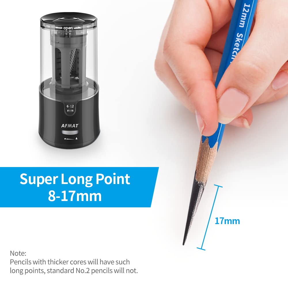 AFMAT Electric Long Point Pencil Sharpener for Artist, Fast Sharpen & Auto Stop, 8-17mm Super Long Point, Professional Artist Pencil Sharpener Plug in for φ6-12mm Charcoal/Drawing/Colored Pencils