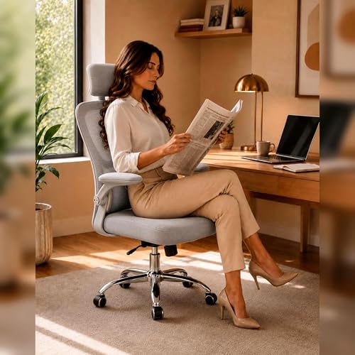 Laruno Cadeira de Escritório Ergonômica Premium NR17 Cinza Giratória Reclinável 145 Graus com Suporte Lombar Encosto Mesh Respirável Cadeira Gamer com Regulagem de Altura e Rodinhas Suporta até 120kg