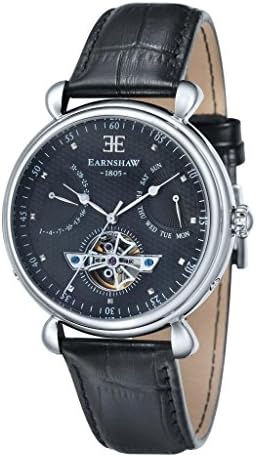 EarnShaw Men's Grand Calendar 45mm Black Leather Band Steel Case Automatic Analog Watch ES-8046-01