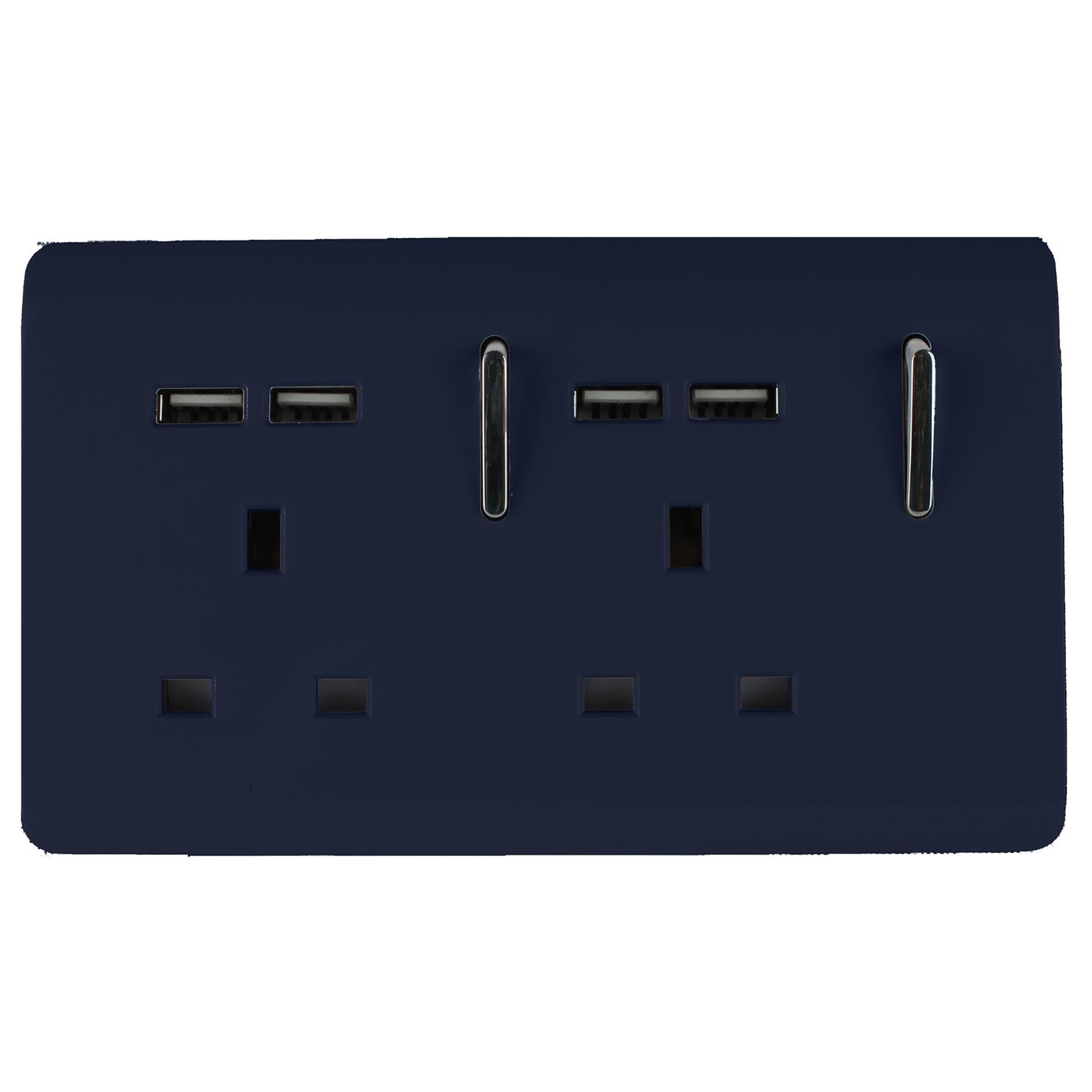 Trendi 2 Gang Artistic Modern Glossy Screwless Raised 13 Amp 240v Short 4 USB Type A Charging Points Double Chrome Switched Electrical Wall Plug Socket Navy Blue - ART-SKT213USBNV