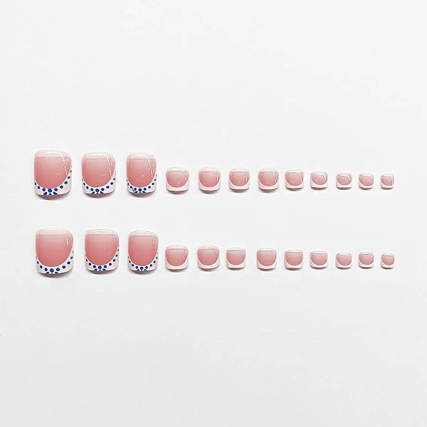CTTHNBD MEDIUM PRESS ON NAILS SQUARE & PRESS ON TOENAILS SET, WHITE FRENCH TIP WITH BLUE SPOT DESIGN – FOR WOMEN 48 PCS