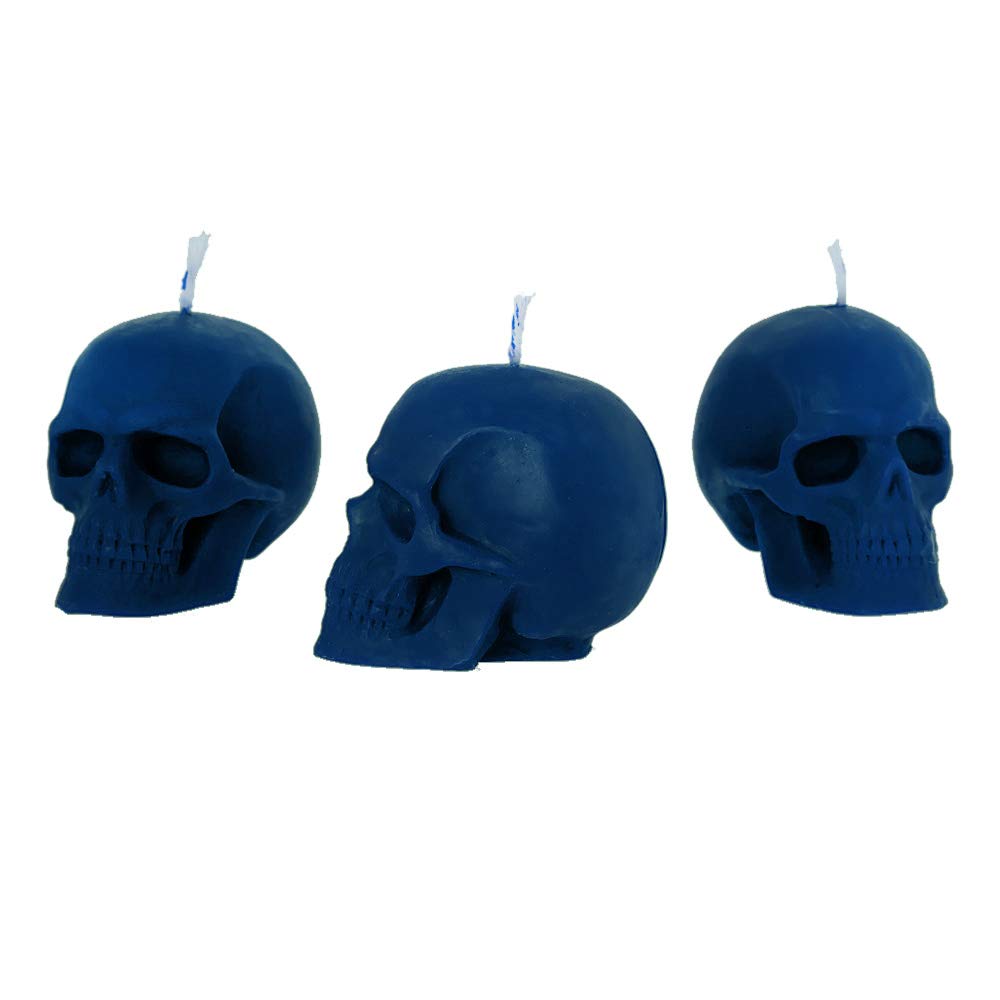 NKlaus - 3X Candle Set Skull Blue Made of Organic Pure Beeswax - Gothic Candle Colourful Figurine Candle Skull - Halloween - Ritual Candle Drip Candles 36354