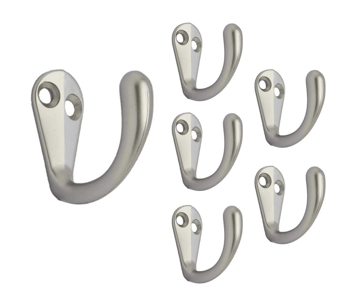QCAA Premium Quality Single Prong Robe Hook Hanger, Zinc Die Cast, Matte Nickel, Made in Taiwan, 6 Pack
