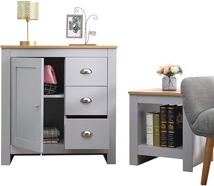 cf furniture living room 2 piece set lamp table 1 door 3 drawer sideboard free standing storage cabinet modern simple practical grey oak amazon co uk home kitchen