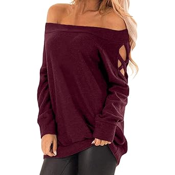 JMETRIC Damen Langarmshirt |Pullover |Volltonfarbe Sweatshirt | CasualTops| EIN-Schulter |Schulterfrei Bluse| Mode Sweatshirt