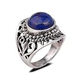 Yazilind Vintage Antique Round Cut Blue Lapis Lazuli Retro Silver Plated Heart Hollow 6.5 8 9 Ring Women