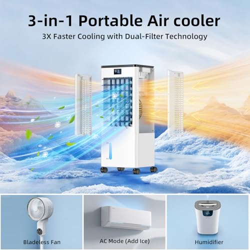 Portable Air Conditioners, 8L Evaporative Air Cooler with Remote and LED Display, 60W Energy-Efficient, 3 Speeds & 4 Modes, 12H Timer, 120°Oscillation, Portable AC Units for Rooms Bedroom Home Office