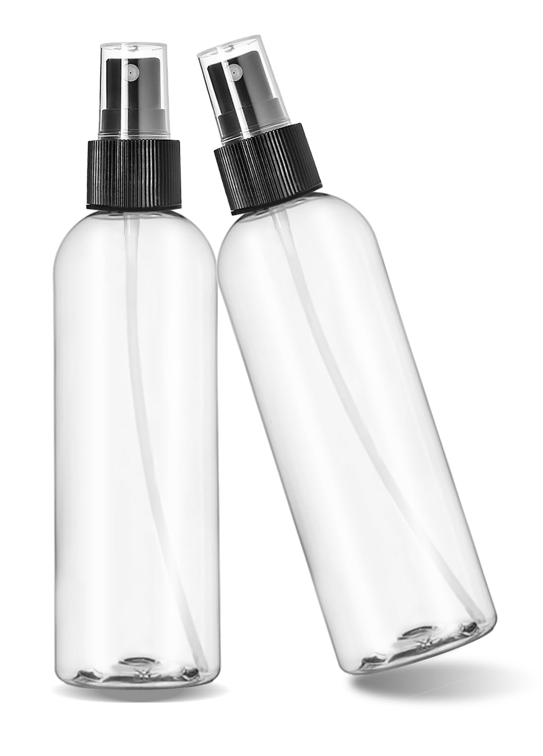 ljdeals 8 oz Clear Plastic Spray Bottles, Black Fine Mist Sprayer, Refillable Empty Bottles for Essential oils, Perfumes, Travel. Pack of 2, Made in USA