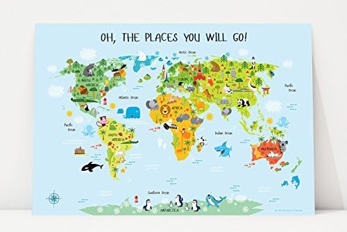 Oh The Places You'll Go, World Map for Kids Poster, Nursery Wall Art, Baby Nursery Décor, Oh, The Places You Will Go, Gifts for Toddlers (54"W x 36"H, Blue)